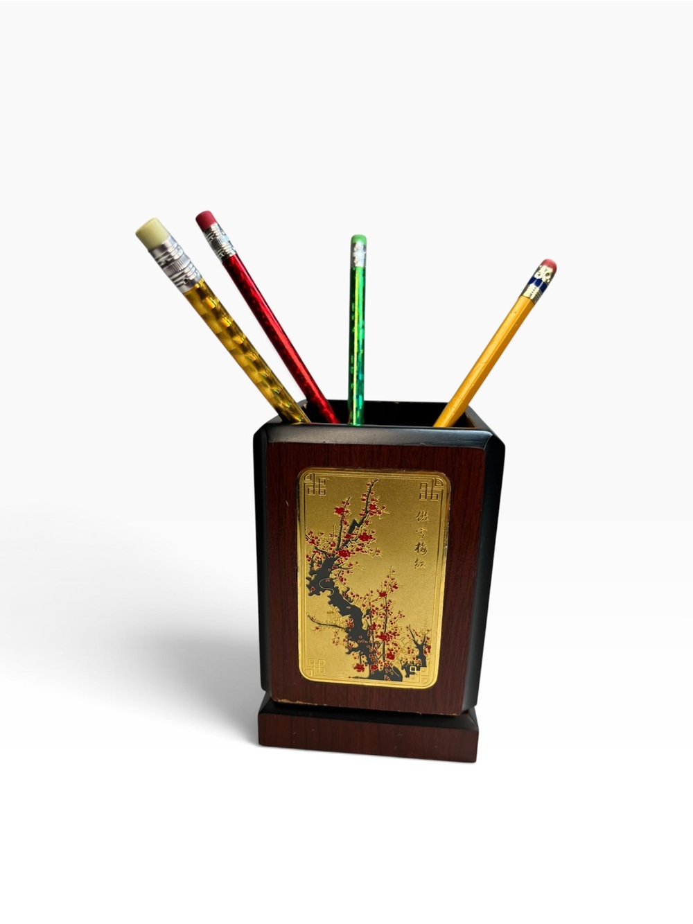 Vintage Rotating Pencil Holder Wood and Gold Foil Art Plate Asian, Chinese
